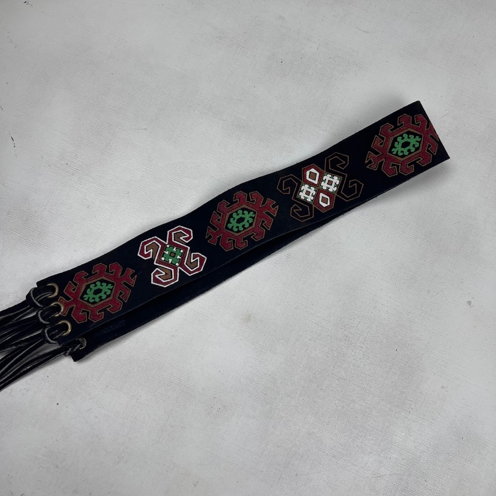 Vtg Hand Painted 2" Wide Suede Leather Tribal Fringe Wrap Belt Brown Geometric - Picture 6 of 7